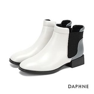 全新 達芙妮DAPHNE 短靴 異材質撞色拼接方頭粗跟短靴 灰米