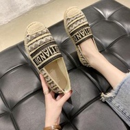 女裝平底漁夫鞋 小香風刺繡懶人鞋 一腳蹬樂福鞋 春秋夏鞋款- 咖啡色 35