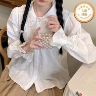 醬果自製日系甜美娃娃領法式蕾絲花邊純棉提花喇叭袖白色長袖襯衫