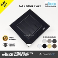 reTouch Grand Elements 4 Gang 1 Way 16A Designer Wall Switch SIRIM Approved [BLACK MODULE]