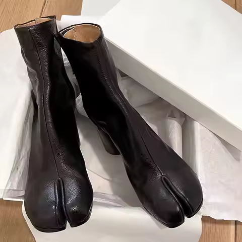 2026 Spring soft leather Split - Toe tabi femmes bottines à la mode talons épais chaussures épaisses