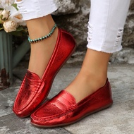 Giày đế bằng Penny Loafer mũi tròn cho nữ, Cỡ lớn, Hoàn thiện gương, Màu trơn, Dẻo, Mọi mùa, Thiết k