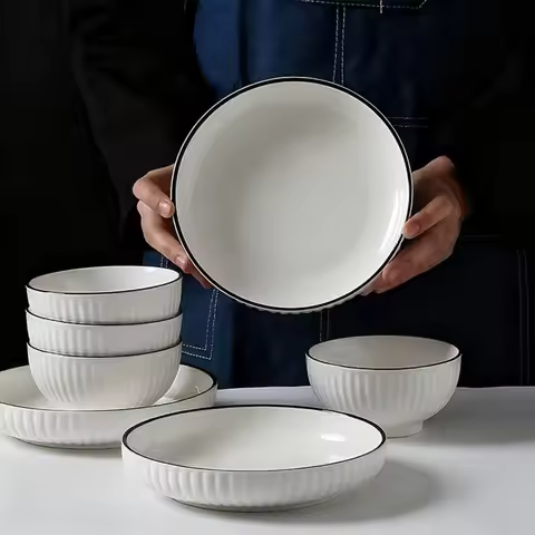 12-Piece Set Yamada Japanese Style Ceramic Dinnerware Set White & Black Underglaze Traditional Desig
