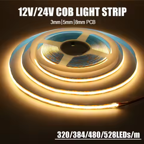 DC 12V 24V COB LED Strip Light 320 384 480 528LEDs High Density Flexible Tape 3mm 5mm 8mm PCB COB Li