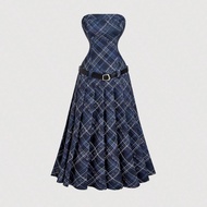 Vintage Navy Blue Pleated Checkered Dress With Complimentary Leather Belt - Preppy Style, 70s, Casua
