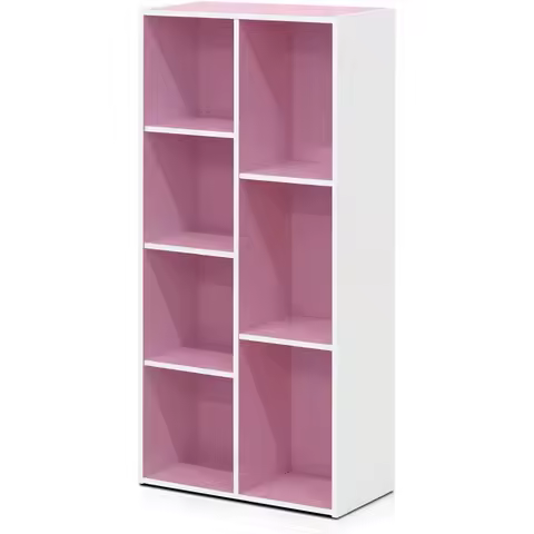 7-Cube Bookshelf, White/Pink, 9.4x19.5x41.7 Inch, for Living Room Bedroom Home Office Storage
