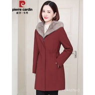 YQ Pierre Cardin（pierre cardin）Brand2023New Fleece-lined Parka Women's Mid-Length Coat Imitation Fur Cashmere Coat Hoode