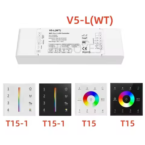 SKYDANCE V5-L(WT) Tuya App 5CH*6A DC12-48V WiFi & RF 5 in 1 Led Controller T15/T15-1 AC100-240V 4Zon