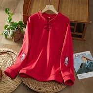เสื้อฮู้ดสีแดงสไตล์จีนใหม่ เสื้อผ้าผู้หญิงฤดูใบไม้ผลิและฤดูใบไม้ร่วง ไซส์ใหญ่ ฤดูใบไม้ร่วง กระดุมจีน