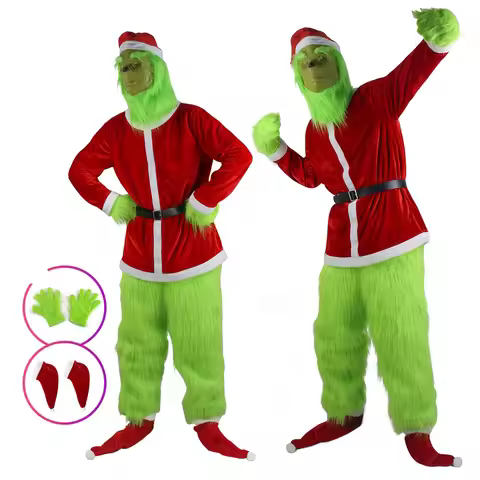 Merry Christmas Grinch Cosplay Costumes Green Thief Plush Mask Pants Gloves Red Santa Claus Hat Tops