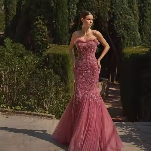 Luxurious Pink Evening Dresses Sweetheart Mermaid Vestido de Noche Customized Flowers Print Formal B