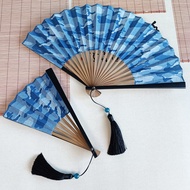 Mogan Fan Blue Fan Folding Fan Retro Female Fan Summer Daily Portable Folding Fan