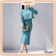 Women's winter 2-piece wool dress set, 2-piece wool dress and horizontal striped coat (code L07)