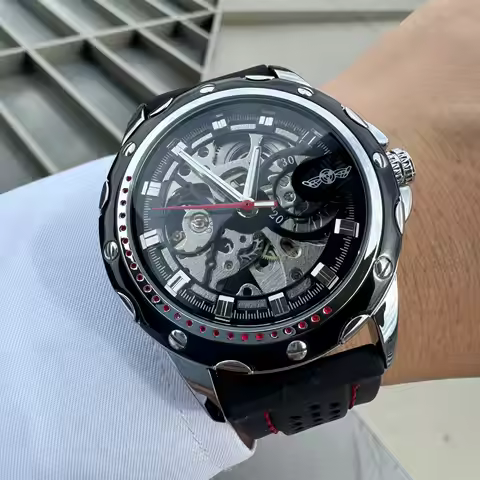 WINNER Fashion Mechanical Watch for Men Business Skeleton Automatic Watches Casual Black Rubber Stra