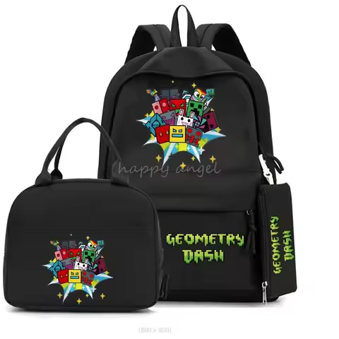 New Geometry Dash Backpack 3Pcs Set Funny Cartoon Game School Bags Girls Boys Primary School Bookbag