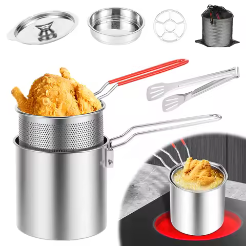 Deep Fryer Pot with Strainer Basket Stainless Steel Oil Fry Pot Oil Filter Container for French Frie