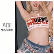 Milyfashion Letter Graffiti Printed Tube Top Sexy Cropped Short Top Korean Version Y2K I0S9