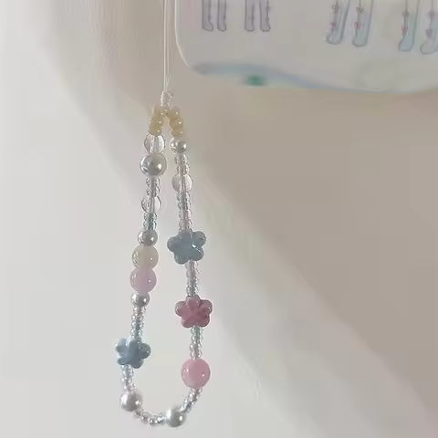 Blue Pink Cherry Blossoms Beaded Trendy Mobile Phone Strap Charm Sweet Phone Chain Anti-Lost Lanyard