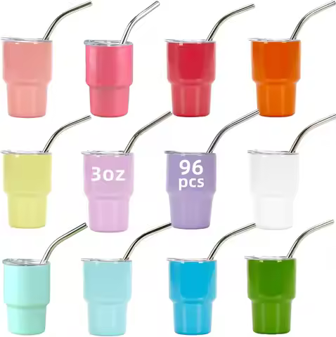 3oz Mini Tumbler Shot Glass with Straw and Lid,96 pcs Set Of 12 Mixed Colors Stainless Steel Blank S