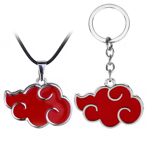 Anime Konoha Leather Necklace Keychain Set Akatsuki Red Cloud Pendant Anime Cosplay Akatsuki Itachi 