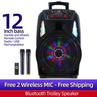 12 inch Portable Trolley Speaker Karaoke With 2 Wireless Microphone, Outdoor Bluetooth PA System Street Performances Square Dance Move Retractable Handle Wheels, USB Audio Input