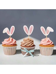 12入組兔子耳朵杯子蛋糕,閃閃發光的兔子耳朵杯子蛋糕插牌,蛋糕整體風格適合春季生日嬰兒派對用品,適用於裝飾蛋糕