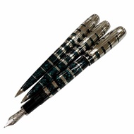 全新未使用 ▼MONTBLANC2008 年喬治蕭伯納作家系列 18K 金 M 尖限量版 4000 套 (1729/4000) 鋼筆、原子筆、自動鉛筆三件套 銀綠色 男士筆 書寫測驗 含原廠盒