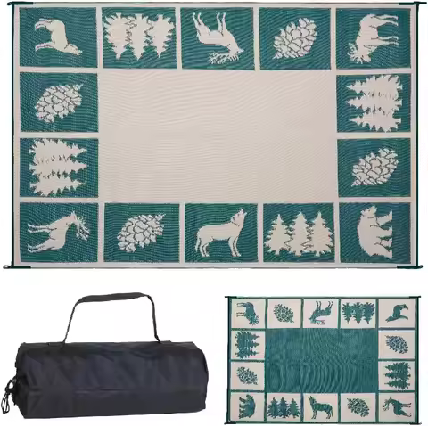 Stylish Reversible Outdoor Mat, 6x9 Feet for Camping, RV, Patio, Beach - Green/Beige