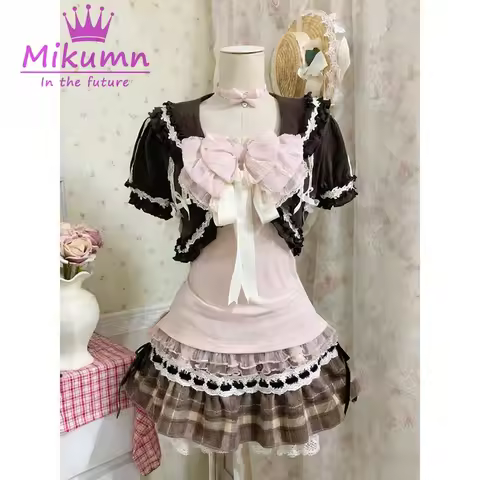 Mikumn Japanese Lolita Vintage 3 Piece Set Women Sweet Lace Bow Camisole Top+Cardigan+Plaid Mini Ski