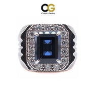 CG Premium Lab Corundum Sapphire Sterling Silver 925 Men's Ring Emerald Cut Surrounded Moissanite