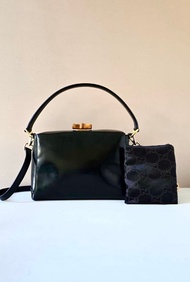 中古二手GUCCI黑色竹節皮革古董盒子單肩包 側背包 斜背包 復古包