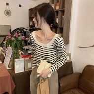 tshirt stripe women baju stripe perempuan tshirt baggy women Gaya U-leher Perancis berjalur hitam da