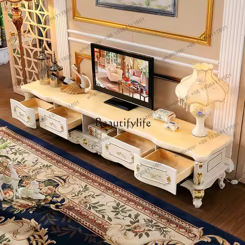 jj5 Marble TV Cabinet European-Style Solid Wood American Living Room Small Apartment White Gold and 