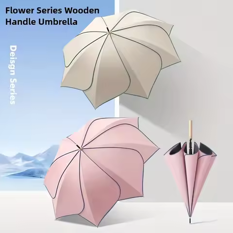 Flower Petals Sunshade UV Umbrella Women Luxurious Outdoor Wooden Handle UV Resistant Long Handle Um