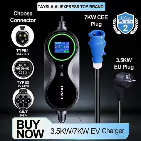 TAYNIU EV Charger 3.5KW 16A 7KW 32A Portable EV Charger 80V-260V EU Plug Type 1 Type 2 GBT Fast EV C