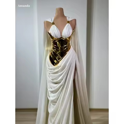 Amanda Customized White Halter Neck Gold Metallic Accent Ruched High Slit Long Cape Maxi vestidos de