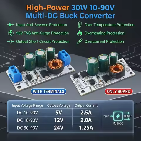 10-90V to 5V 12V 24V Buck DC-DC Converter 30W Ultra-wide Voltage Regulator Module for UPS EBike Elec