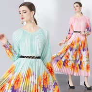 Wholesale Round Neck Pleated Printed Organ Pleated Dress 9496