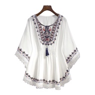 Áo cánh nữ áo thêu phong cách boho giản dị Retro mùa hè Áo cánh nông dân nút lên áo cánh Boho rộng +