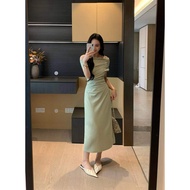 ชุดเดรสคอเอวสูงทรงเอเอวสูงเอวยางยืดแขนสั้นฤดูร้อนสไตล์ฝรั่งเศส XINYI ชุดเดรสแขนกุดคอวีผ้าโพลีเอสเตอร