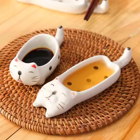 Cute Cat Ceramic Small Dish Mini Mustard Pesto Tomato Ketchup Soy Sauce Dish Seasoning Plates with H