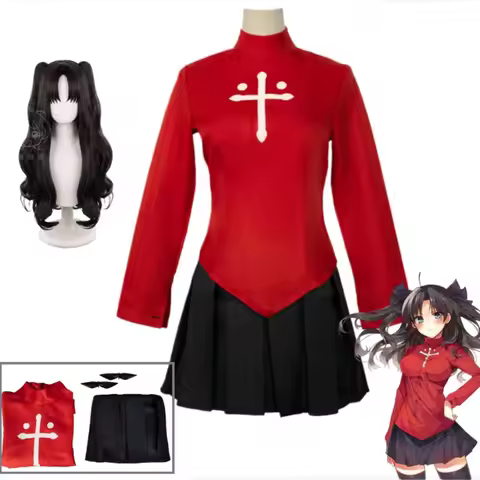 Fate/stay Night Rin Tohsaka Cosplay Costume Full Set Red Top and Skirt with Accessories and Wig for 