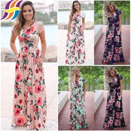 Women Maxi Dress Short Sleeve Long Dresss Floral Print Dress Wanita Causal Beach Sundress