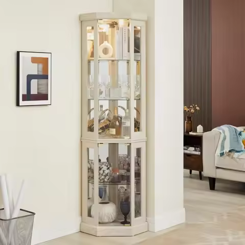 Corner Curio Cabinet,Lighted 3-Side Glass Display Curios Cabinets,Curio Cabinets with Glass Doors,Ad
