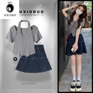 a字 牛仔 半身裙中長款 新款 純欲 上衣女韓版 ins 潮 夏季时尚套装女2025新款纯欲风辣妹短款挂脖上衣a字牛仔半身裙子 Summer Fashion Suit Women 2025 New S