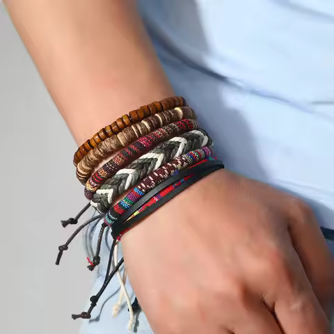 Bohemian Leather Bracelet Men Hand-woven Bracelet Men's Wooden Bead Bracelet Bracelet for Men Charm 