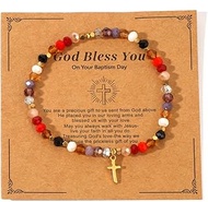 Christian Gifts Colorful Crystal Natural Stone Cross Stretch Bracelets for Women Men Faith Easter Ca