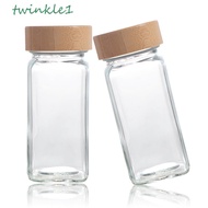 TWINKLE1 Spice Jars, Glass Square Spice Bottle, 4oz with Bamboo wood lid Transparent Perforated Seasoning Bottle for Spice Rack