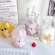 (Free Straw) Happy Puppy Water Glass Jug-Shaped Clear Drink Coffee Cup Cute Minimal Cafe 71047