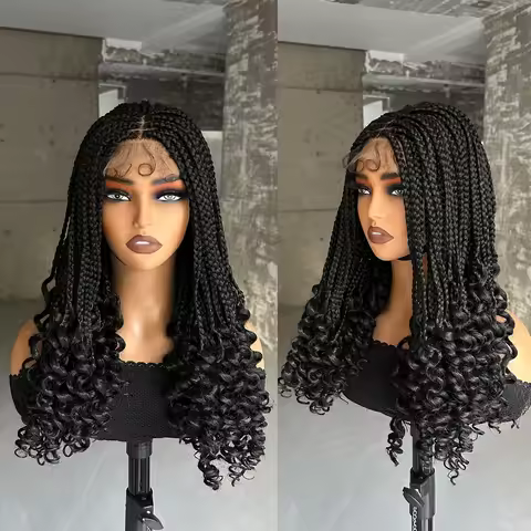 Synthetic Braided Lace Wigs 4x4 Lace Wigs Curly Ends Box Braided 4x4 Lace Wig for Black Women Afro B